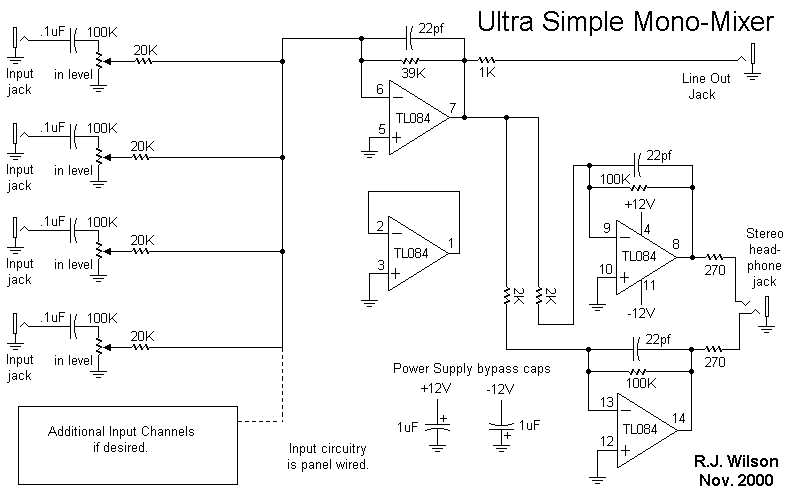 Ultra-Simple Mono Audio Mixer Schematic