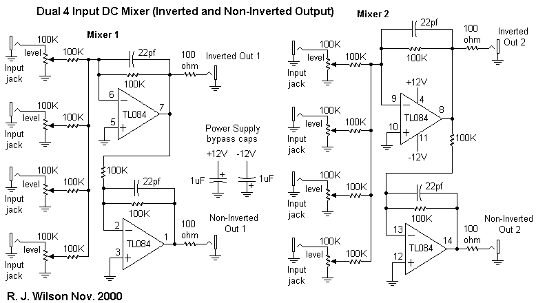 Dual 4 Channel DC Mixer PCB Layout (component side shown)